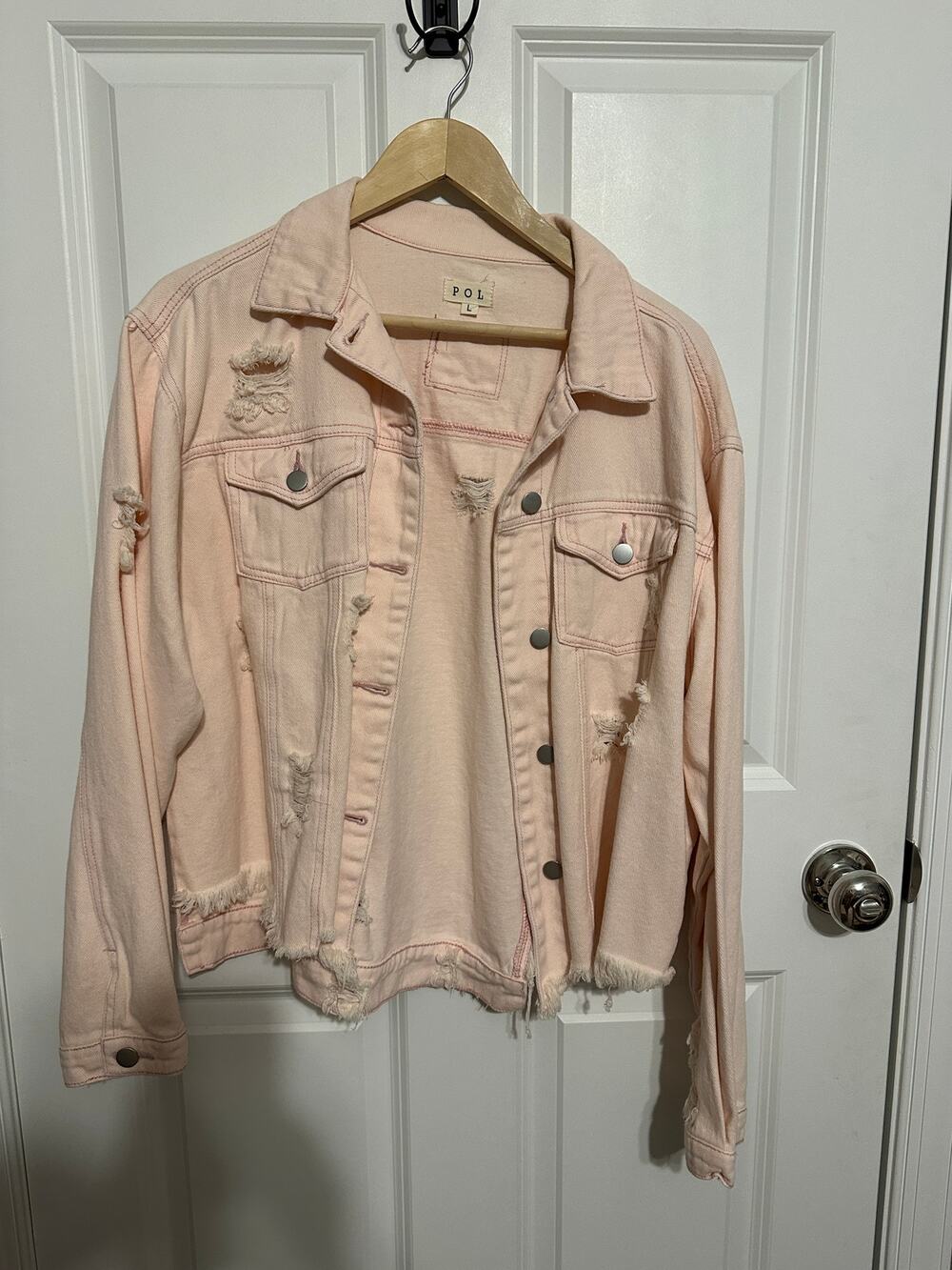 POL Light Pink Distressed Denim Jacket Large - NWOT